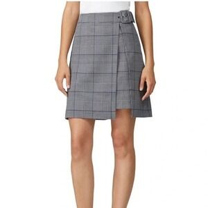 Club Monaco Grey Blue Glen Plaid Buckle Wrap Mini Skirt Asymmetrical Hem Size 12
